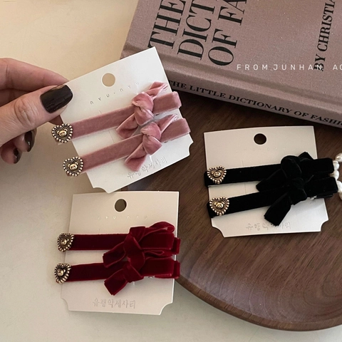 Franse Vintage Fluwelen Strik Haarspeldjes Met Goud Hart Beer Decor Zoete Eendenbek Clips Voor Vrouwen Meisjes Haaraccessoires