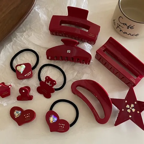 Pinces à Cheveux en Acétate Rouge Vin Vintage Style Français Accessoires de Coiffure Faits Main Élégants Élastiques à Cheveux Strass Cœur Étoile Femme