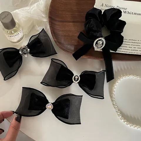 Pinza para el Pelo con Lazo de Terciopelo y Organza Negra Retro Francés Con Strass de Corazón Accesorios Elegantes