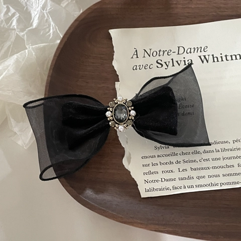 Pinza para el Pelo con Lazo de Terciopelo y Organza Negra Retro Francés Con Strass de Corazón Accesorios Elegantes
