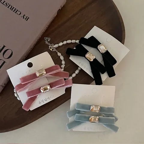 Korean Style Velvet Bowknot Hair Clips For Women Elegant Square Rhinestone Duckbill Clips Vintage Fashion Hair Accessories