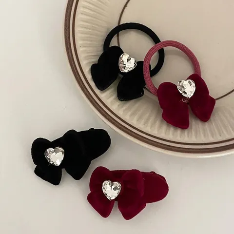 Elastici E Mollette Per Capelli Con Fiocco In Velluto Stile Francese Cuore Strass Elegante Borgogna Nero Accessori Per Capelli Donna