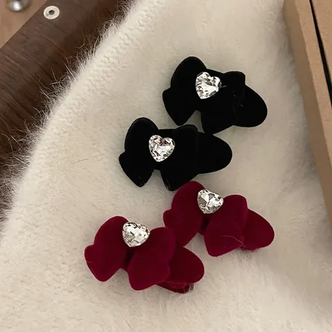 Elastici E Mollette Per Capelli Con Fiocco In Velluto Stile Francese Cuore Strass Elegante Borgogna Nero Accessori Per Capelli Donna
