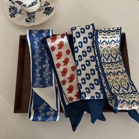 Sciarpa Stretta in Raso Francese Nastro Stampato Floreale Geometrico per Capelli Borsa Donna Elegante Fascia Versatile