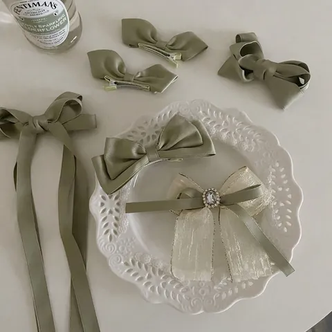 Collezione di Fermagli per Capelli con Fiocco Verde Elegante Francese Per Donna Vintage Nastro di Raso Strass Accessori