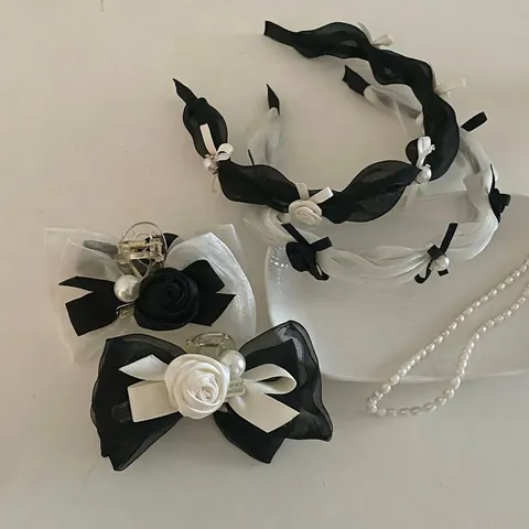 Elegante Franse Gaas Strik Kunstparel Haarklem Bloem Ontwerp Zwart Wit Gaas Haaraccessoires Voor Dames