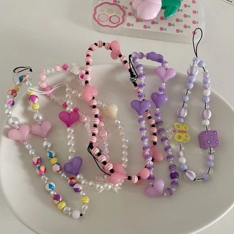 Bijou de Téléphone Perlé Cœur Fraise Étoile Papillon Résine Acrylique Künstliche Perle d'Imitation Dragonne Poignet Bijoux Femme