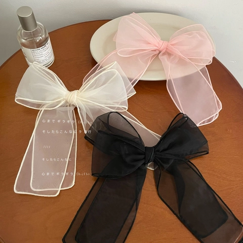 Oversized Organza Bow Hair Clip With Long Streamers French Elegant Solid Color Large Hair Bow For Women Girls Headwear