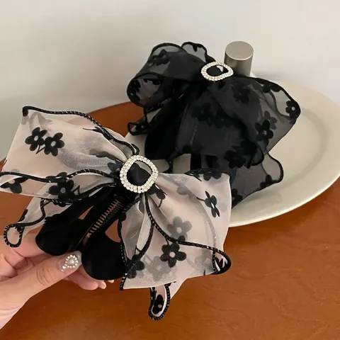 French Floral Mesh Bow Banana Clip For Women Organza Rhinestone Hair Claw Clip Elegant Ponytail Holder Hair Accessory