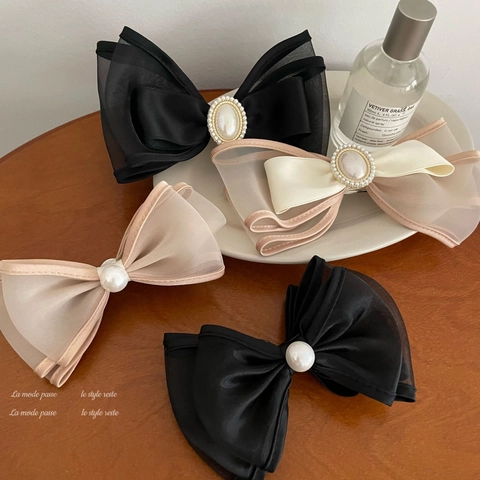Fermaglio per Capelli con Fiocco Elegante in Stile Ins Francese Con Perla Artificiale in Organza di Raso a Doppio Strato