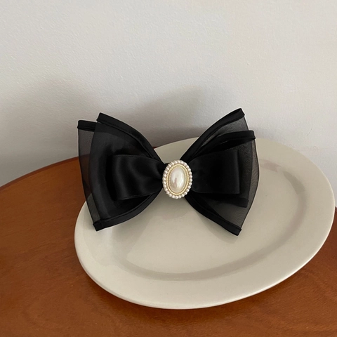 Fermaglio per Capelli con Fiocco Elegante in Stile Ins Francese Con Perla Artificiale in Organza di Raso a Doppio Strato
