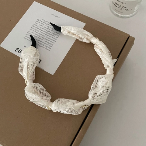 French Style INS Lace Mesh Artificial Pearl Headband Vintage Elegant Creamy White Hair Hoop Sweet Bowknot Headwear Women Hair Accessories