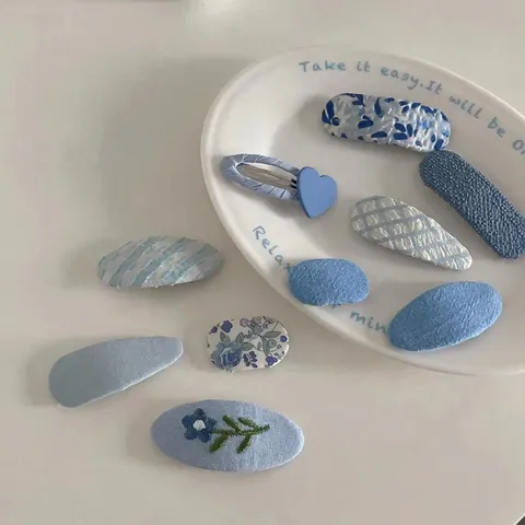 Set di Fermagli per Capelli Blu a Fantasia per Neonata Clip BB Rivestite in Tessuto Clip Laterali Geometriche a Scacchi Floreali Fatte a Mano