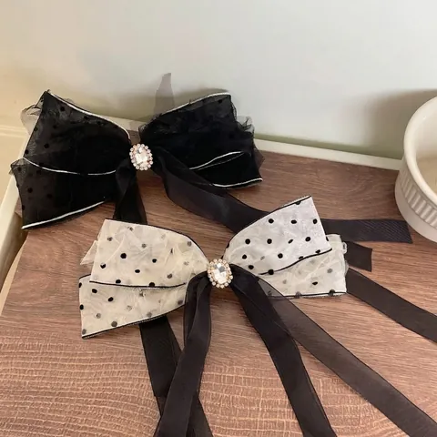 Fermaglio per Capelli Vintage Francese a Fiocco in Rete a Pois Nero per Donna Clip a Molla con Strass e Nastro Lungo Accessori Capelli