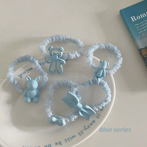 Korean Style Light Blue Mesh Hair Ties Cute Bear Rabbit Bow Pendant Scrunchies Fashion Hair Accessories For Women Girls
