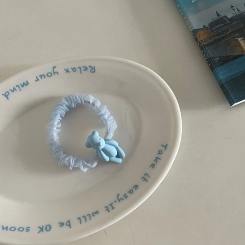 Korean Style Light Blue Mesh Hair Ties Cute Bear Rabbit Bow Pendant Scrunchies Fashion Hair Accessories For Women Girls