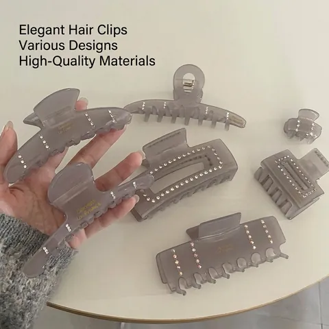 Pince à Cheveux Crabe en Acrylique Gris Semi-Translucide Style Français Avec Strass Grande Pince Géométrique pour Femmes