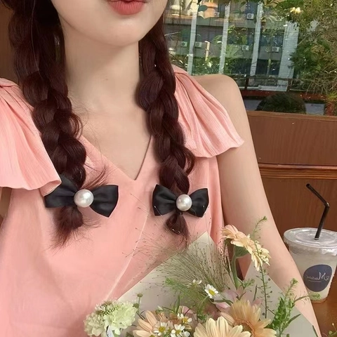 Fermaglio per Capelli con Fiocco in Raso Stile Francese Vintage con Grande Perla Artificial Finta Elegante Nero Bianco Donna Gioielli