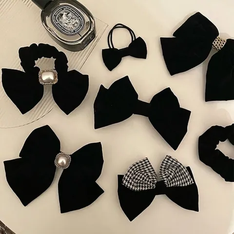 Fermaglio per Capelli con Fiocco in Velluto Nero Vintage Francese Elegante Forcina in Tessuto Floccato con Perla Artificial d'Imitazione Donna