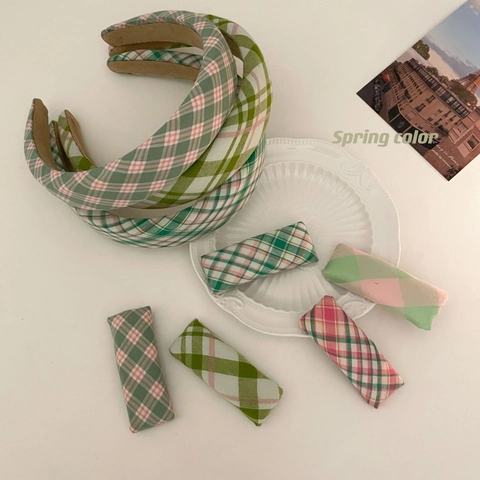 Set Fascia per Capelli e BB Clip in Tessuto a Righe Plaid Vintage Francese Verde Primavera Rosa Accessori per Capelli Donna