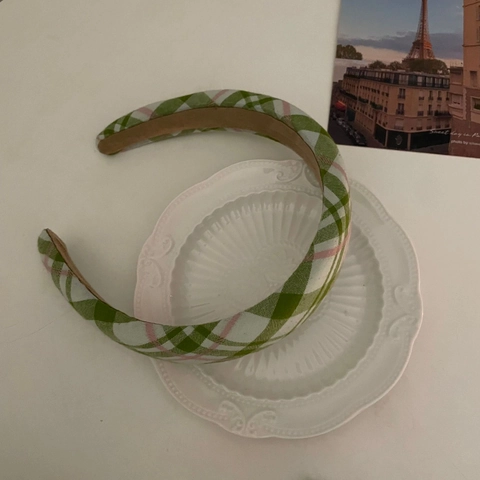 Set Fascia per Capelli e BB Clip in Tessuto a Righe Plaid Vintage Francese Verde Primavera Rosa Accessori per Capelli Donna
