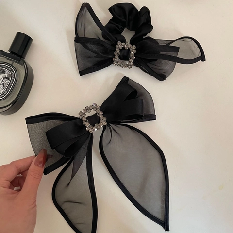 Molletta per Capelli con Grande Fiocco in Rete Stile Francese Strass Satin Scrunchie Elegante Fiocco per Capelli Donna