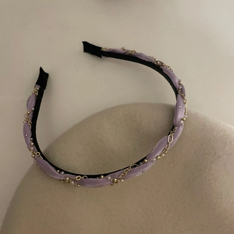 Elegante Set Cerchietto e Elastico Viola in Chiffon con Fiocco Perle Artificiali e Strass Accessori Capelli Donna Fatti a Mano