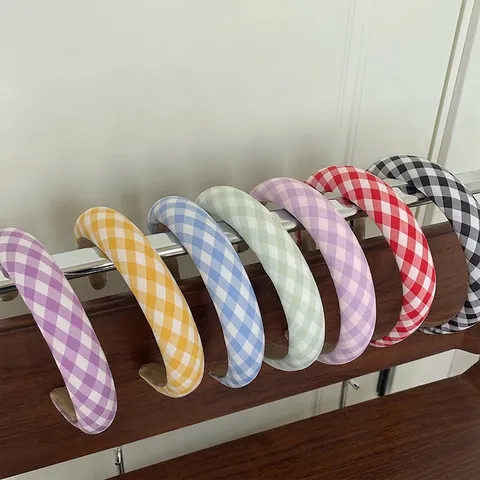 Macaron Color Gingham Padded Headband For Women Retro Plaid Sponge Hairband Wide Thick INS Style Fashion Hair Accessory