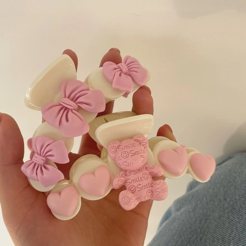 Pince à Cheveux Requin Doux Ours Rose Nœud pour Femmes Mignonne Pince en Acrylique Motif Relief Accessoires Cheveux Filles