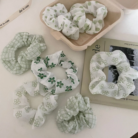 Franse Stijl Groene Stippen Stof Scrunchie Voor Dames Koreaanse Zoete Elastische Haarband Ponytail Houder Mode Hoofddeksel