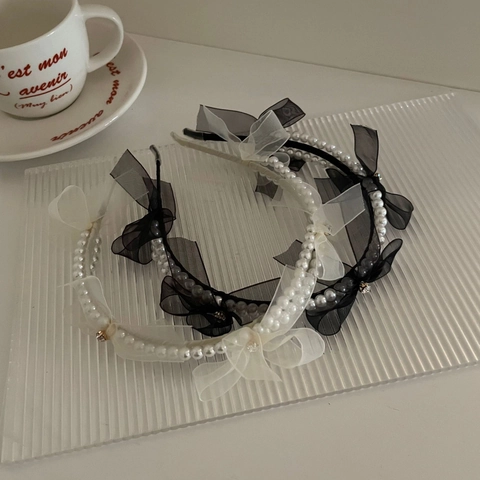 Cerchietto In Stile Francese Con Fiocco In Rete E Künstliche Perle Per Donna Elegante Cerchietto Con Künstliche Perle D'Imitazione E Fiocchi In Organza