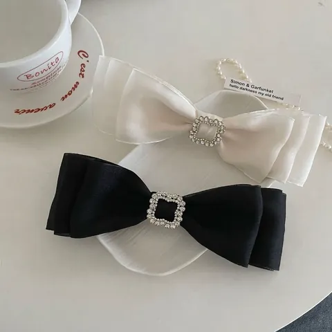 French Elegant Double Layer Satin Bow Hair Clip With Square Rhinestone Large Spring Top Clip For Women Hair Accessory