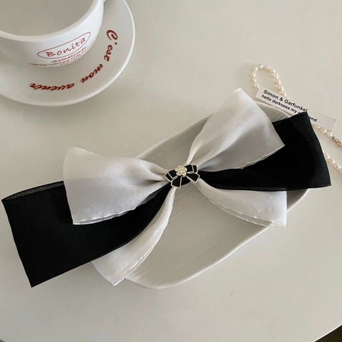 French Elegant Double Layer Satin Bow Hair Clip With Square Rhinestone Large Spring Top Clip For Women Hair Accessory