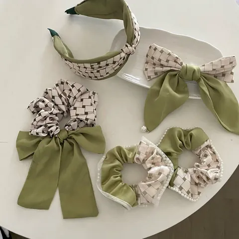 Pinza para el Cabello con Lazo a Cuadros Verdes y Blancos Estilo INS Francés Horquilla de Tela con Perla Artificial de Imitación
