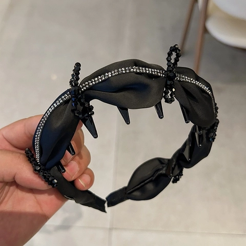Elegant Women Black Satin Bow Headband With Rhinestones Luxury Handmade Hair Band Fashion Solid Color Hair Accessories