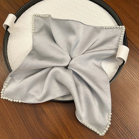 Elegant Satin Scarf Scrunchie With Artificial Pearl Edge Trim Solid Color Large Hair Tie For Women Fashion Hair Accessories Gift