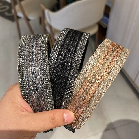 Diadema Ancha Tejida con Strass de Lujo Vintage para Mujer Elegante Banda para el Cabello con Trenza Brillante Accesorios para el Pelo