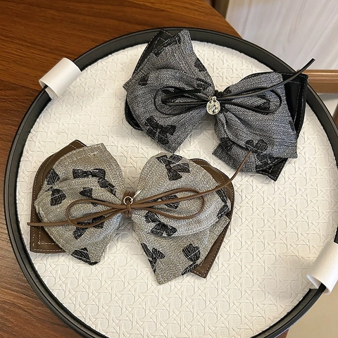 Vintage Kunstleer Stof Strik Haarclip Set Elegant Tweed Haarelastiekje Kleurblok Haarknipjes Strass Hart Hanger Haaraccessoires Voor Vrouwen