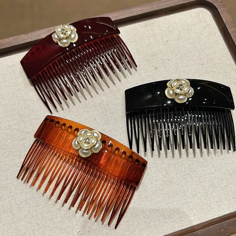 Vintage Camellia Resin PC Hair Comb With Rhinestone Artificial Pearl For Women Korean Style Lazy Hair Fork Accessory