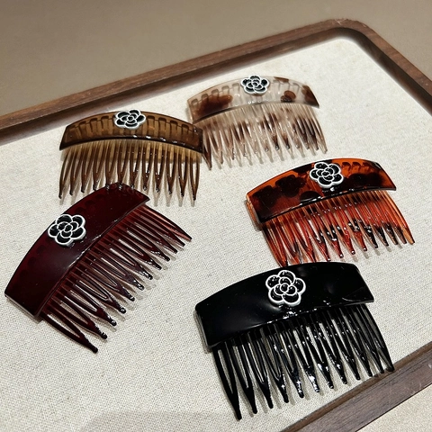 Elegant Camellia Acrylic Hair Comb For Women Vintage Floral Side Comb Rhinestone Hair Clip Fashion Hair Accessories
