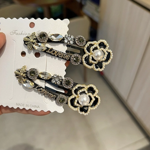 Fermagli per Capelli Camelia in Lega Vintage con Strass e Perle Artificiali per Donna Stile Francese Nero Oro Fiore Ape Lettera Clip Laterali