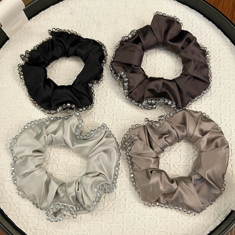 French Style Satin Scrunchie With Rhinestone Crystal Beads Elastic Hair Tie Vintage Elegant Women Hair Accessories