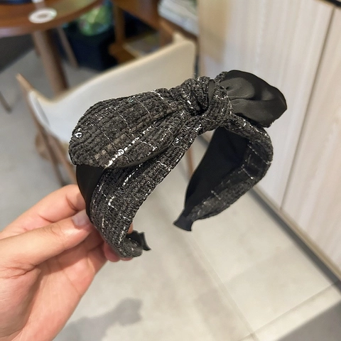 Diadema Acolchada con Lazo de Tweed Estilo Coreano para Mujer Elegante Banda para el Cabello Ancha Hecha a Mano de Tela
