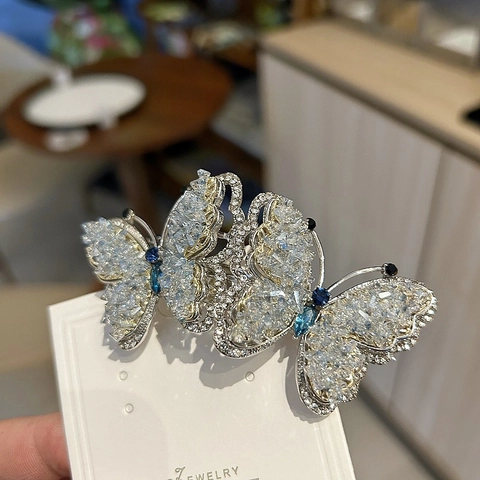 Exquisita Pinza para el Cabello de Resorte de Mariposa de Lujo con Diamantes de Imitación Azules y Blancos Elegante Aleación Hecha a Mano