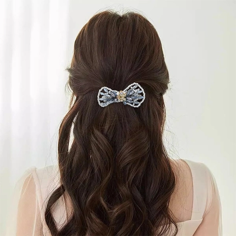 Fermaglio per Capelli a Fiocco in Cristallo Intrecciato a Mano Elegante Clip a Molla con Farfalla Blu Grigio Strass Perla Artificial