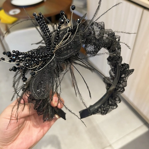 Elegant Black Feather Beaded Headband With Lace Sequins Vintage Gothic Banquet Party Hair Band For Women Hair Accessories
