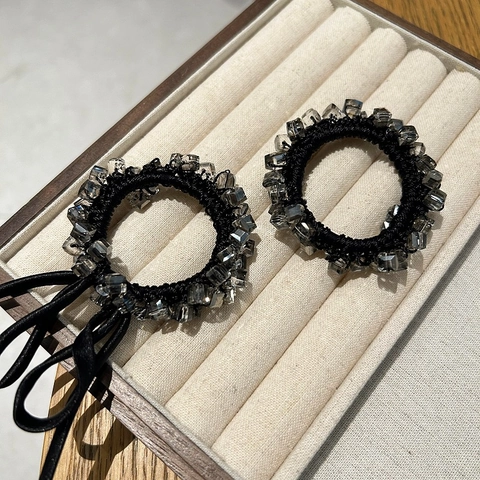 Elastico per Capelli con Cristalli a Cubo per Donna Ragazza Nero Elastico con Perline Scrunchie Elegante Stile Coreano Fiocco in Raso