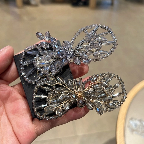 Handmade Beaded Bow Hair Clip For Women Luxury Artificial Crystal Copper Wire Wrapped Bowknot Duckbill Clip Elegant Hair Accessories