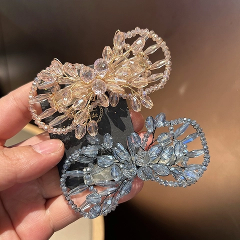 Handmade Beaded Bow Hair Clip For Women Luxury Artificial Crystal Copper Wire Wrapped Bowknot Duckbill Clip Elegant Hair Accessories
