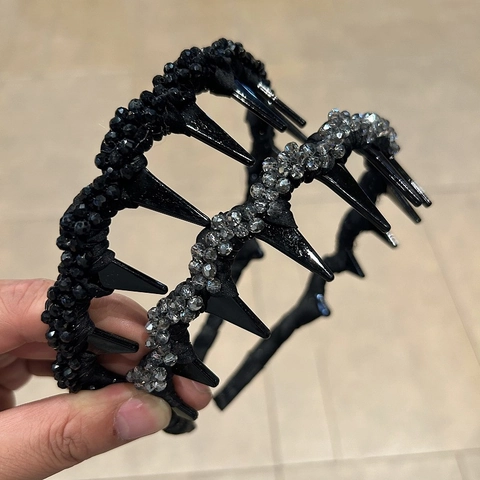 Handgemaakte Punk Gothic Spiked Beaded Haarband Voor Vrouwen Zwart Grijs Kunstmatige Kristal Kraal Antislip Mode Hoofddeksels